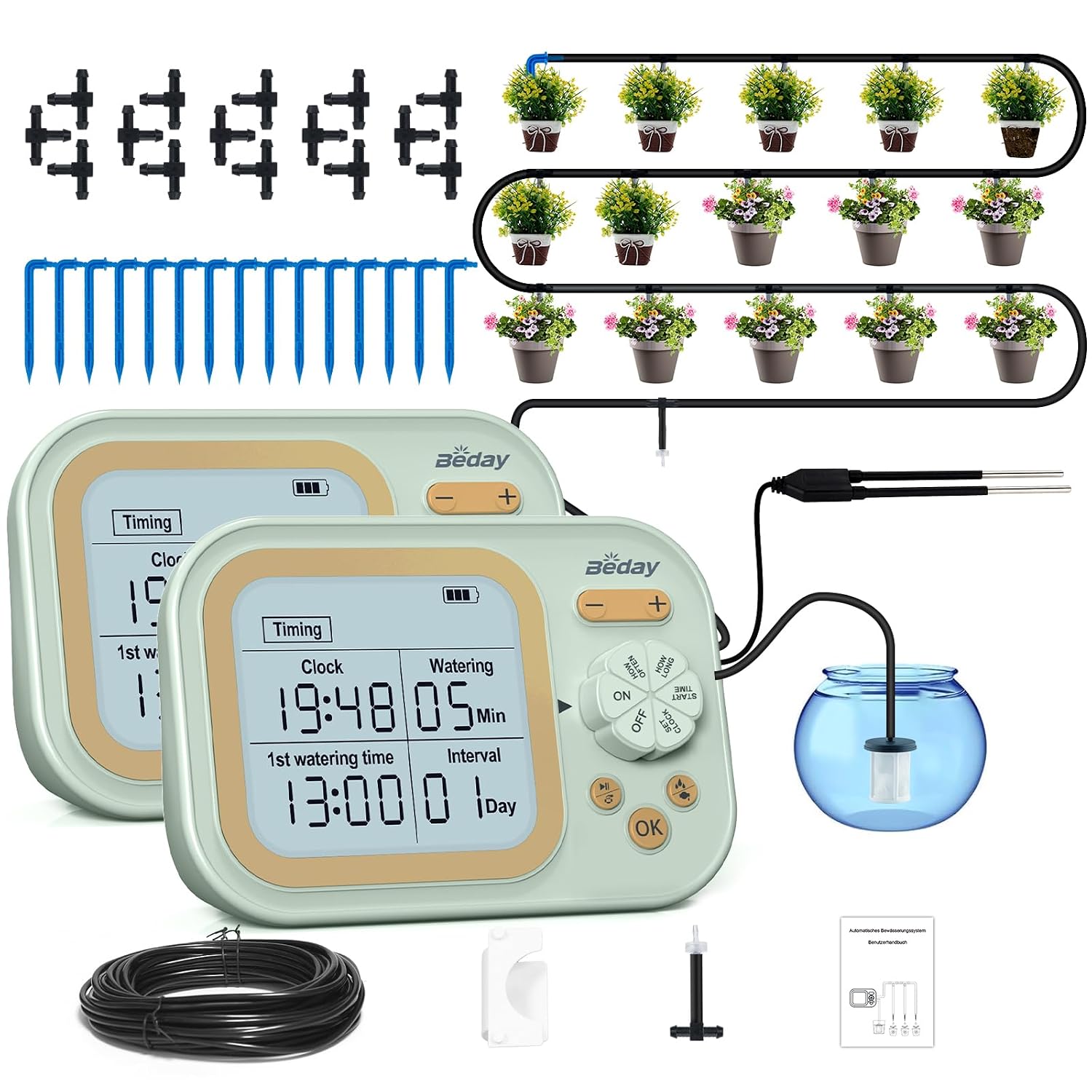 Plant Sensor - 15ポット用自動植物散水システム、湿度センサー付きプログラムタイマー、2個パック