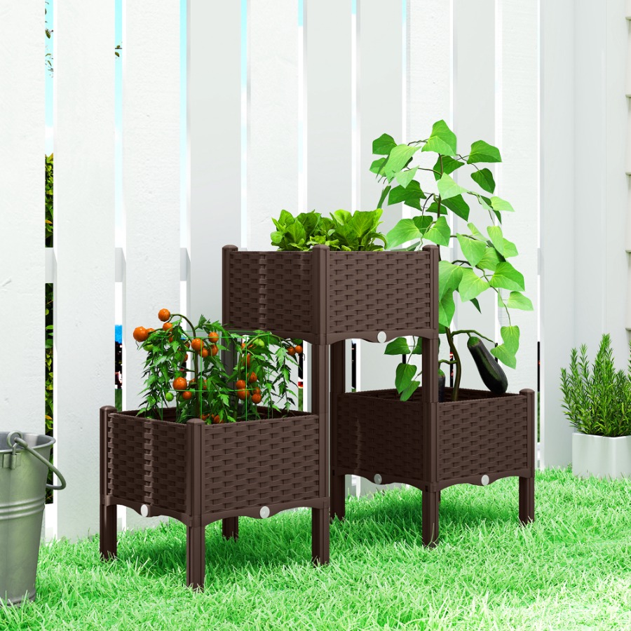 Self Watering Planter - 脚付きのプラスチック製プランターボックス。排水穴と排水栓が付いており、水やりが簡単。組み立てが容易。