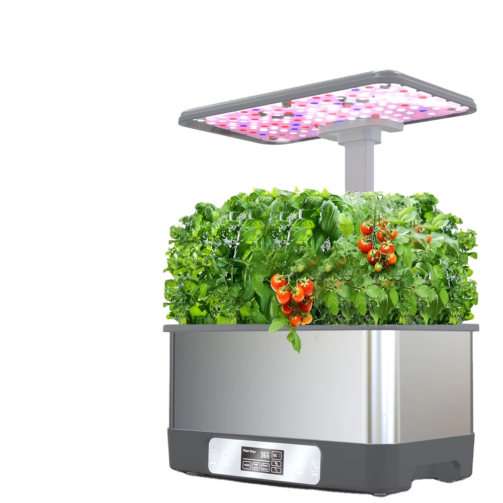 Hydroponic Grow Pod - スマートWi-Fi対応の水耕栽培プランターボックス。自動給水機能と全スペクトルLED育成ライトを搭載した、室内用8ポッド式ガーデン。