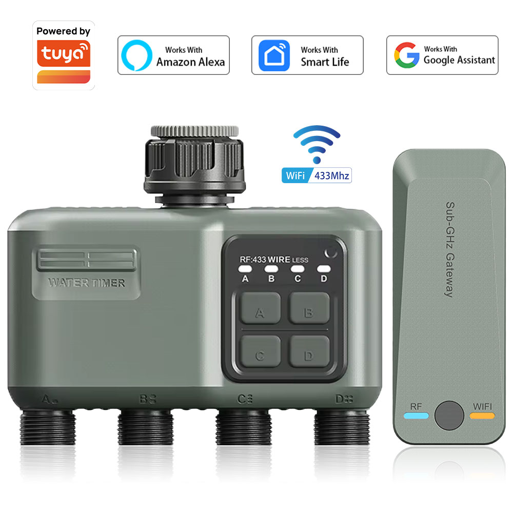 Smart Garden Kit - 4口プログラマブル水タイマー（ガーデンホース用）、雨天時遅延/自動散水システム付き、庭や芝生用のデジタル灌漑システム