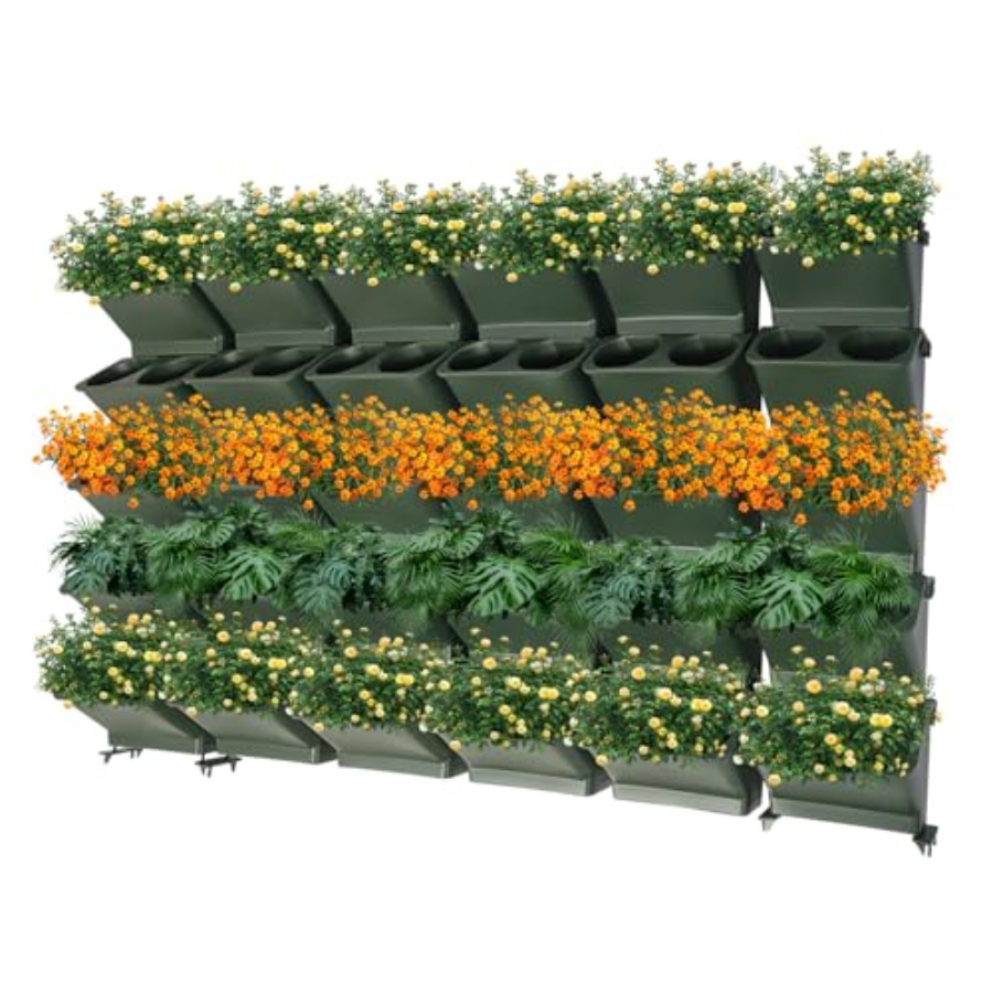 Self Watering Planter - バルコニーや庭用の垂直壁掛けプランター、耐久性のある生地製、グレー色、60個の自動給水ポケット付き、積み重ね可能 F