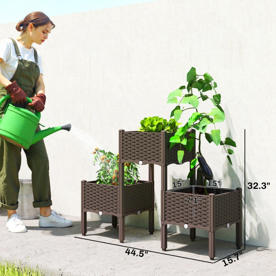 脚付きのプラスチック製プランターボックス。排水穴と排水栓が付 - Self Watering Planter のレビューと価格